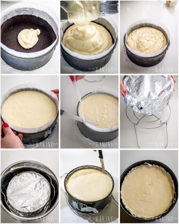 Putting filling on top of an oreo crust to make an instant pot cheesecake