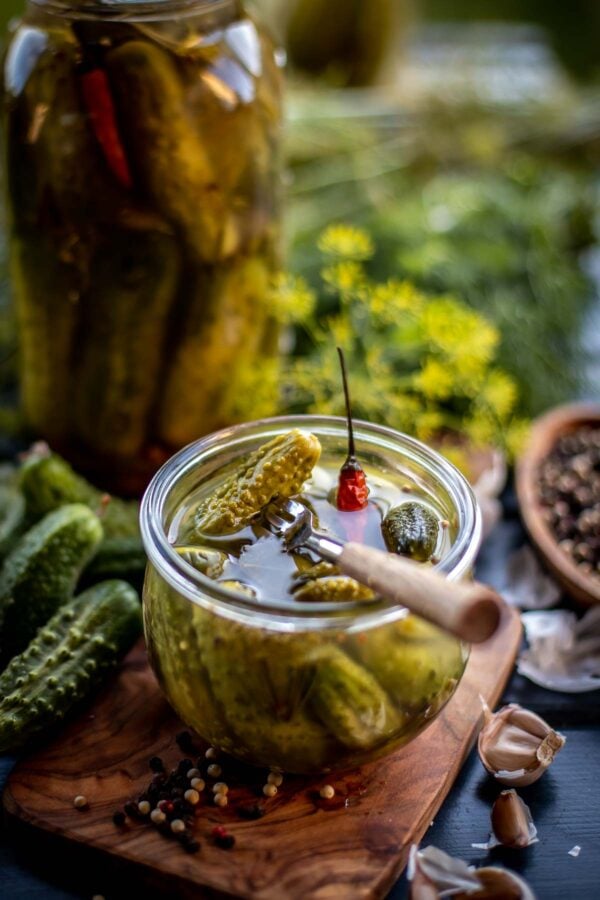 Fork stuck in a jar of pickles made from a dill pickle recipe.