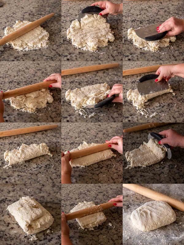 Step by step process of the biscuit dough being folded, envelope style.