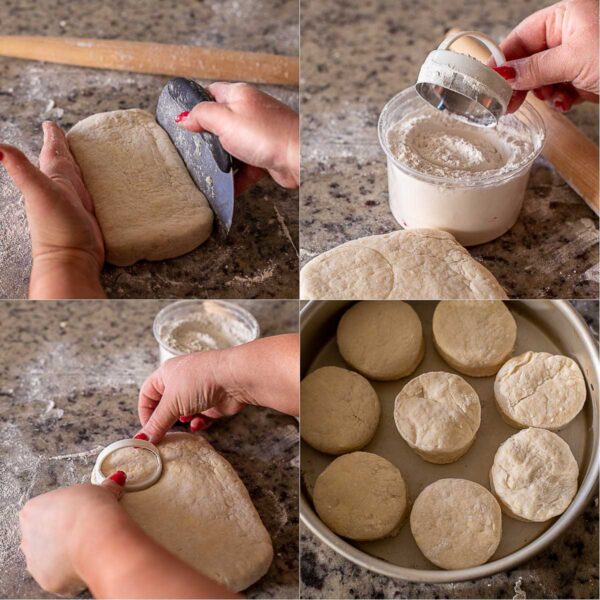 The process of cutting the biscuits out with a biscuit cutter.