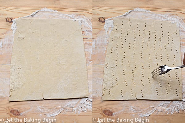 How to lay out puff pastry and poke the sheet with a fork.