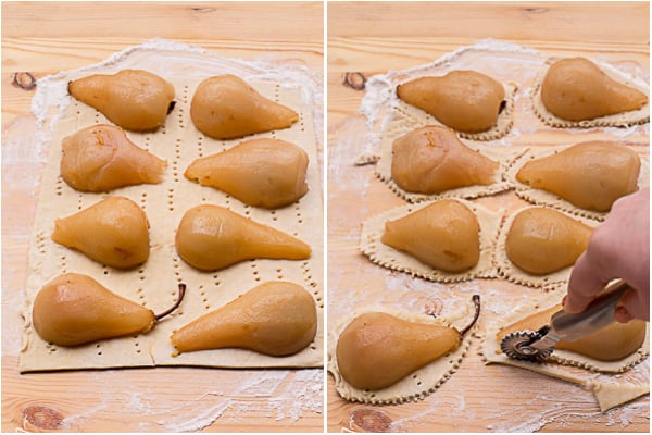 How to place pears on puff pastry and cut out pastries with a pizza cutter.