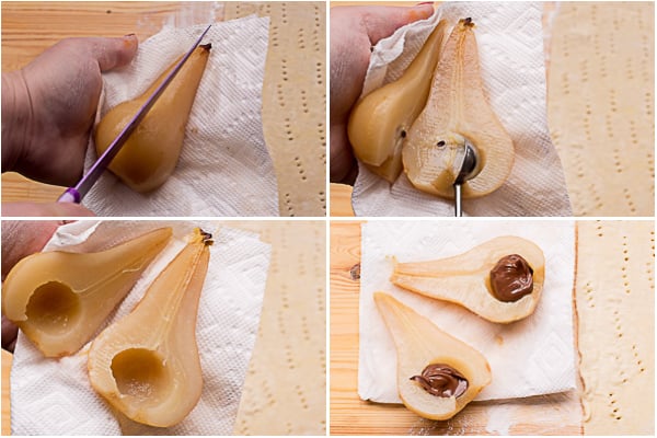 How to cut pears in half, remove seeds, and fill with Nutella.