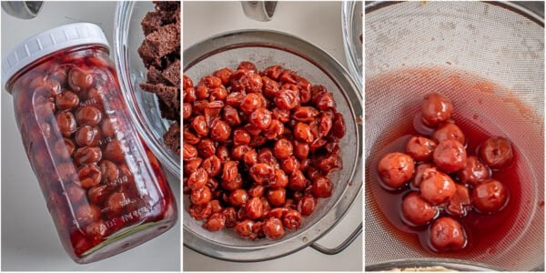 Step by step process of soaking the cherries in liquor.