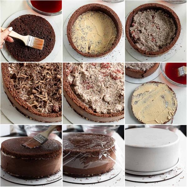 Step by step process of assembling the chocolate cherry cake.