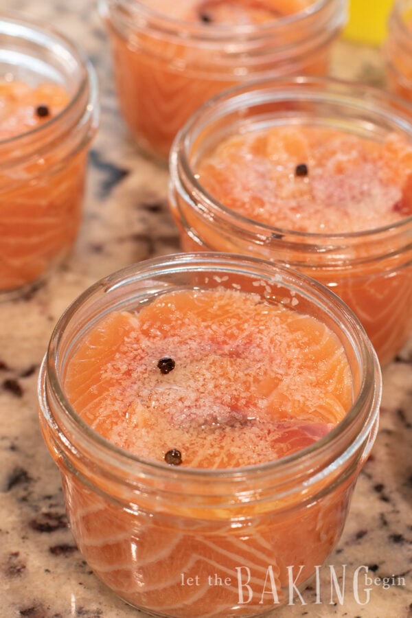 Half pint jars filled with salmon fillets and seasoning. 