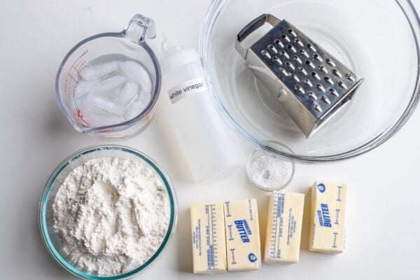 Puff pastry ingredients - water, flour, vinegar, butter, and salt