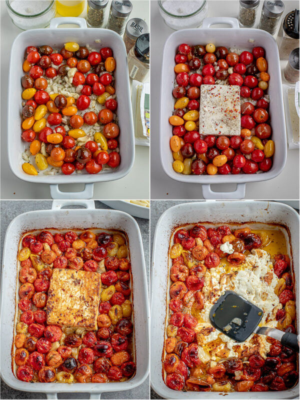 Visual step by step directions for making roasted tomato pasta with a block of feta cheese