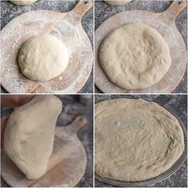 Step by step process of shaping the pizza, from a pizza dough ball to the stretched out pizza.