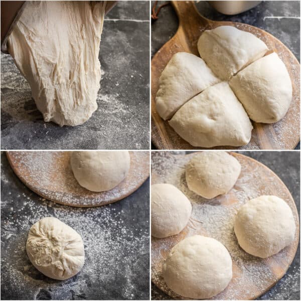 Step by step process of making pizza dough, from removing the dough out of the bread machine pan to shaping it into round balls.