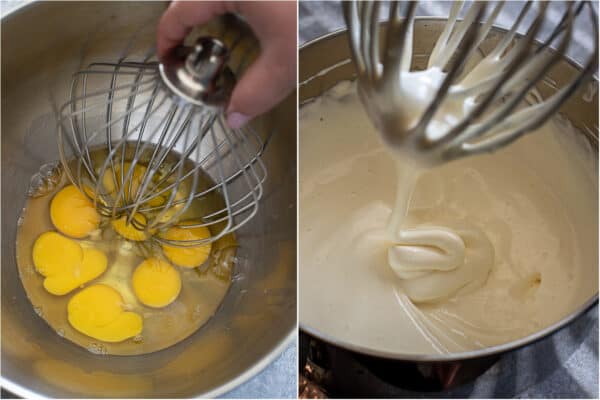 Step by step photos of whipping eggs for the apple cake batter.