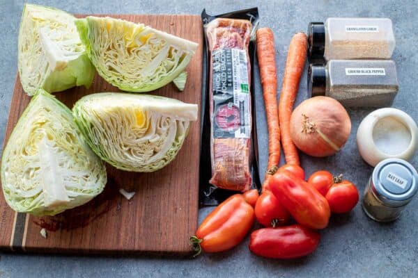 Ingredients for the best braised cabbage recipe laid out.