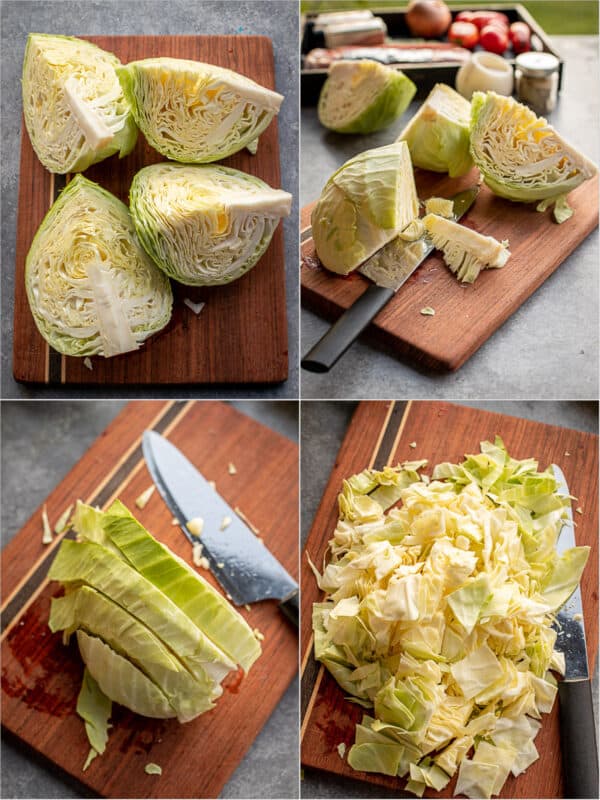 Step by step process of cutting the cabbage into wedges, then into strip and then into squares.