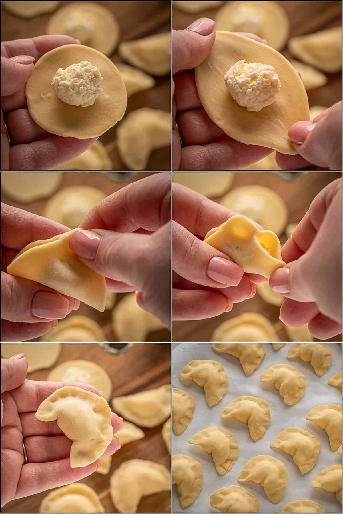 Step by step pictures of how to form the perogies. 