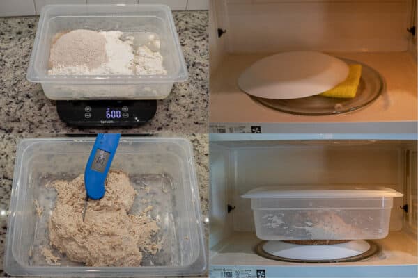 Step by step process of mixing the sour dough, then placing it into the microwave as the "proofing box"