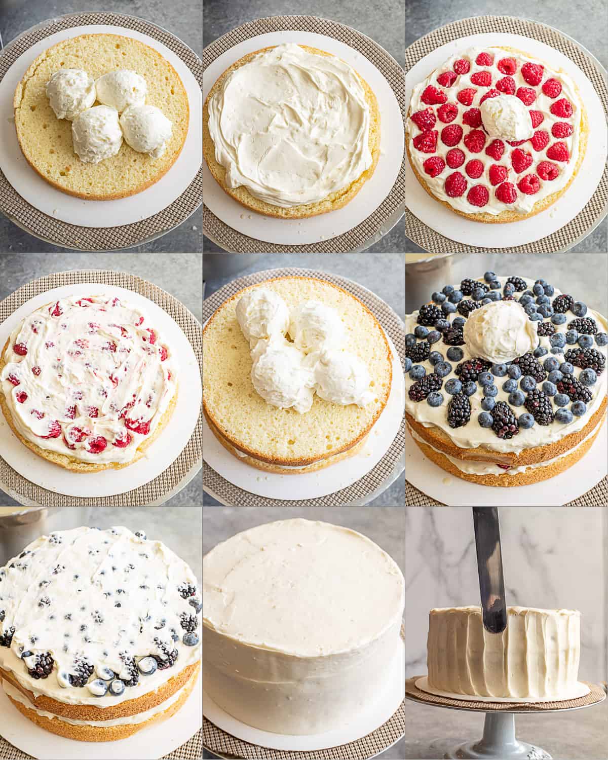 Step by step process of layering the cake with cream and berries.