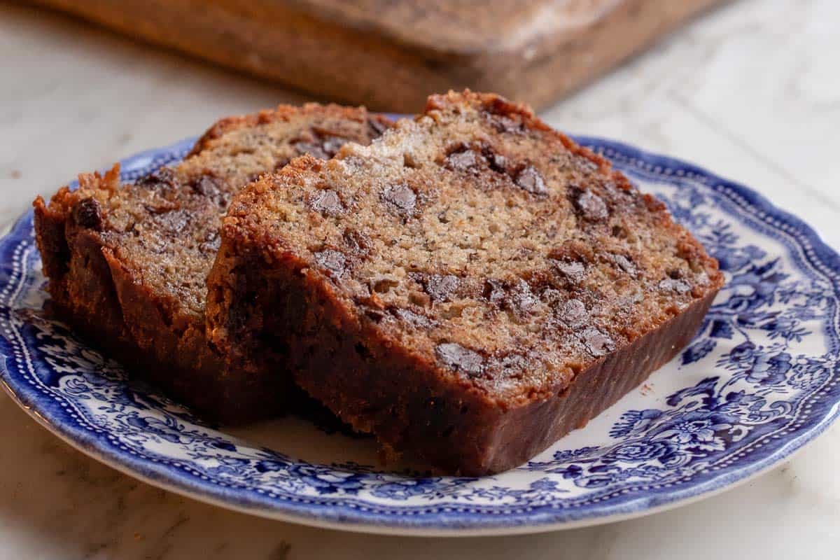 Banana Bread recipe Two slices of chocolate chip banana bread on a plate