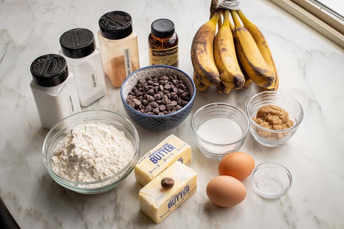 Golden chocolate chip banana bread ready to slice