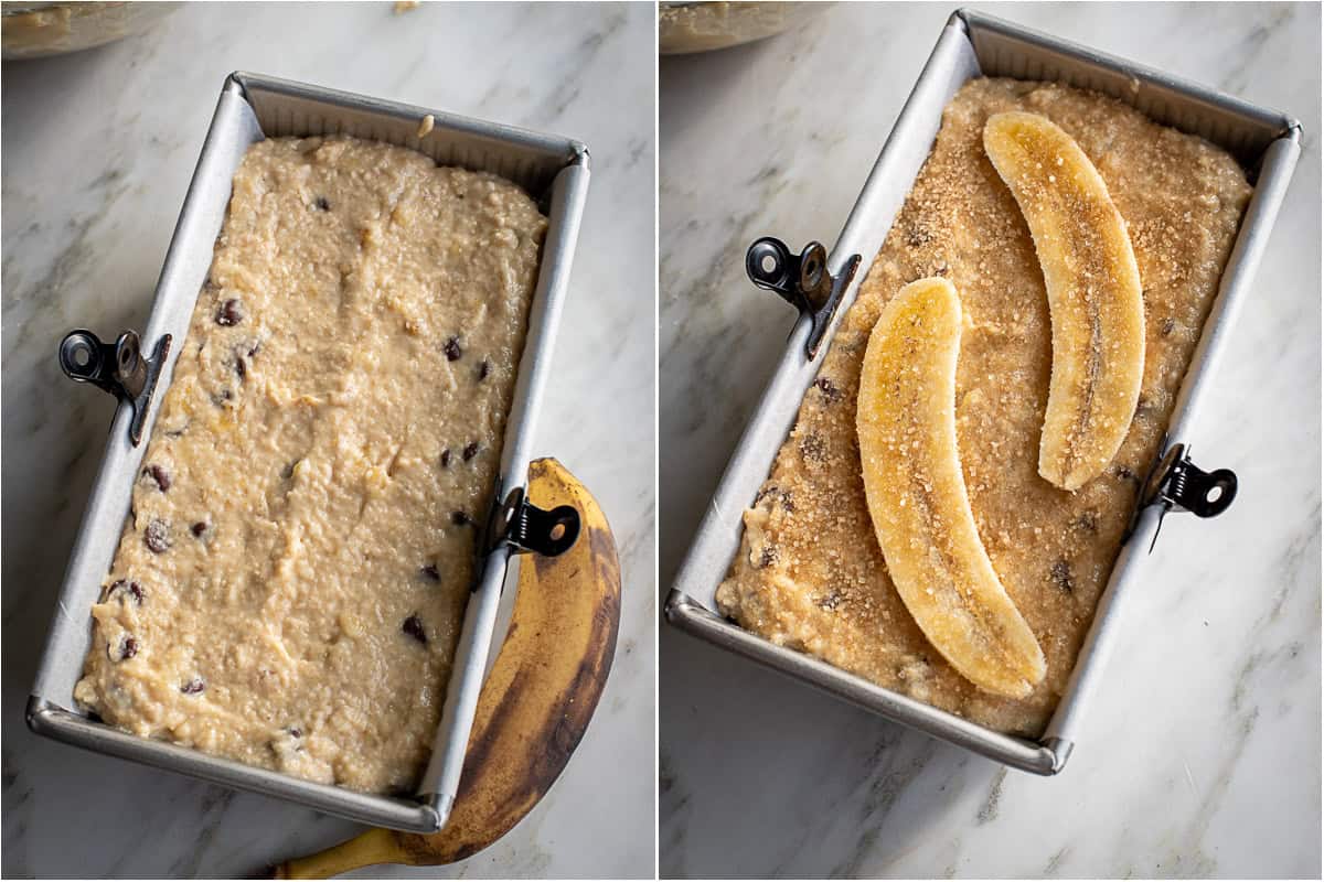 Banana Bread Banana bread batter in a loaf pan with a banana split lengthwise on top