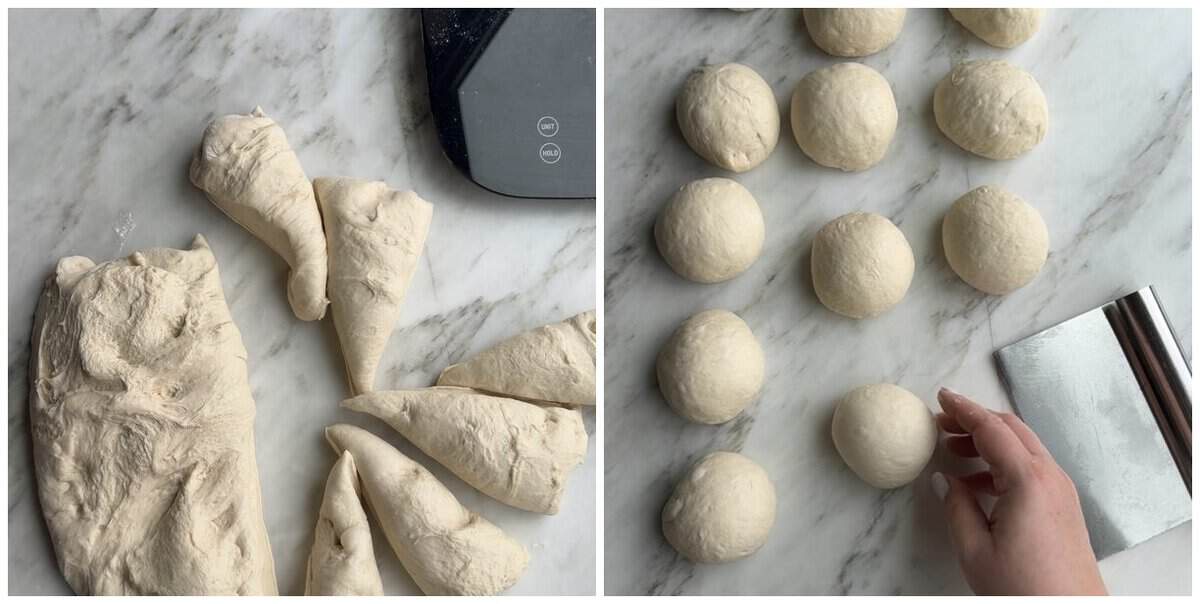 Bagel dough divided into twelve wedges on a scale, then rolled into smooth balls