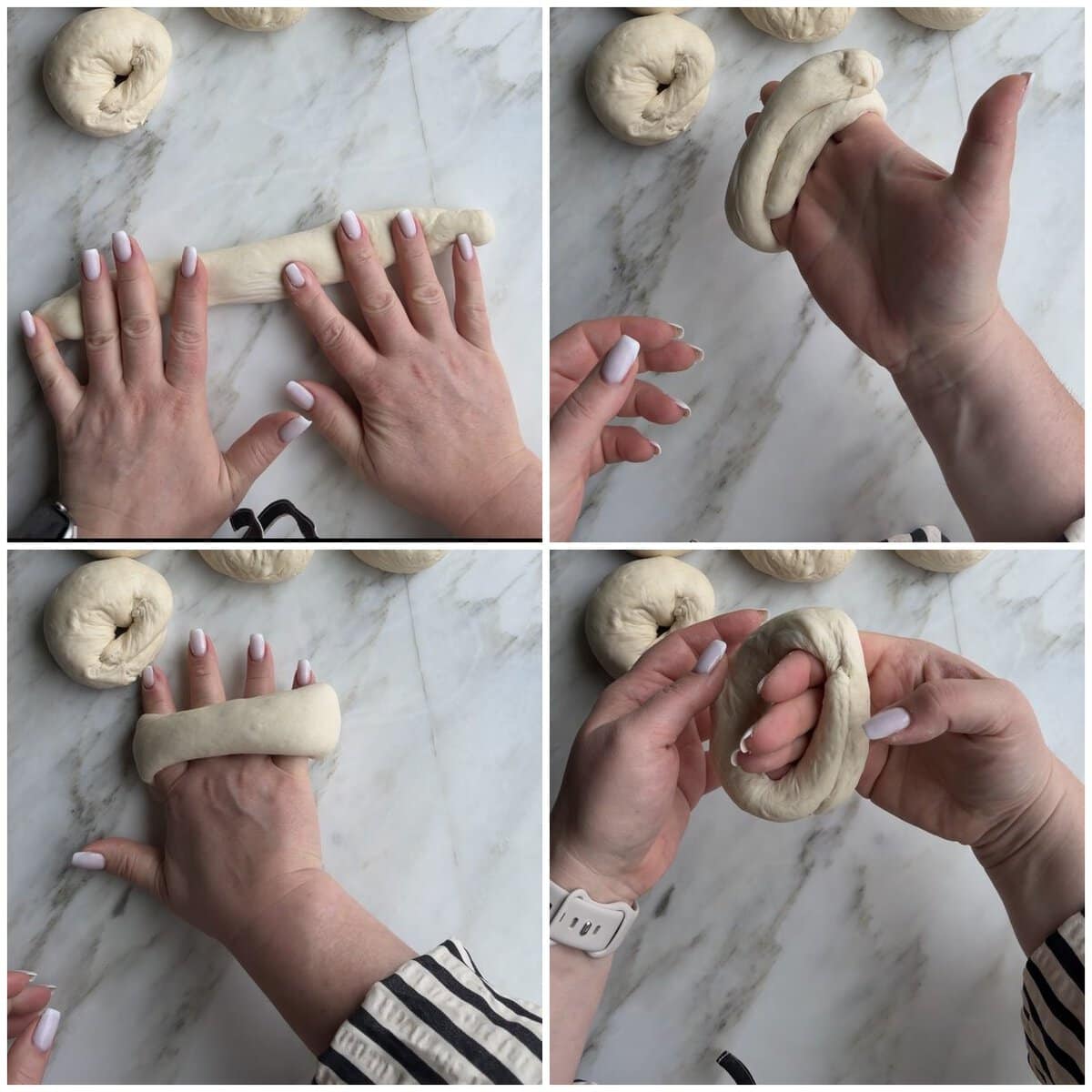 Shaping bagels with the rope method: rolling the rope, wrapping it around a hand, sealing the overlap, and opening the ring