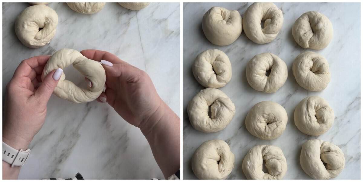 Re-rolling each shaped bagel to open the hole, then all twelve shaped bagels ready to rest