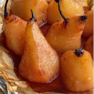 Close-up of air fryer pears glossy with caramel syrup