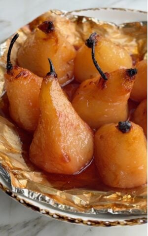 Close-up of air fryer pears glossy with caramel syrup