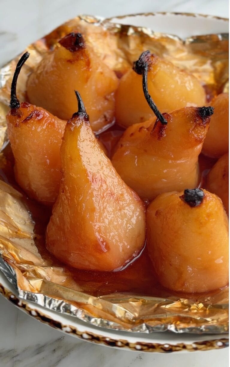 Air fryer pears glazed in glossy caramel syrup