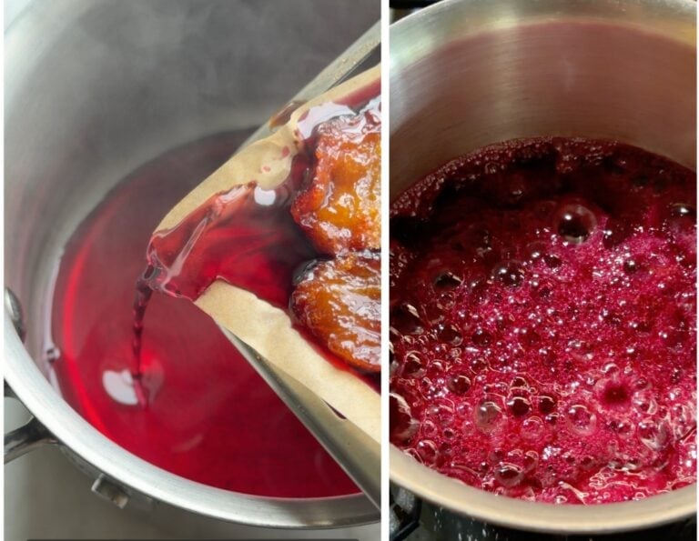 How to make candied plums: draining the plum juice off the pan into a pot, then the syrup boiling down
