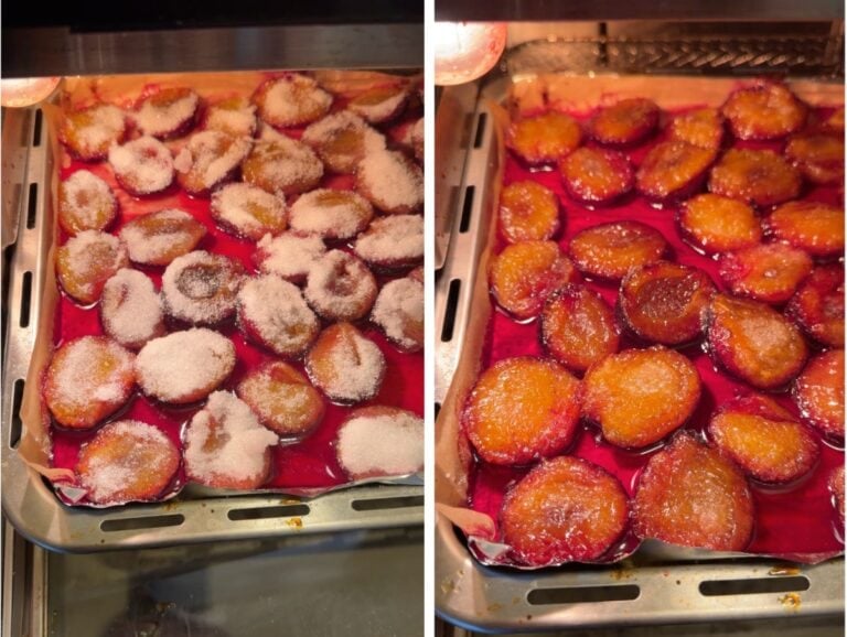 How to make candied plums: sugar sprinkled over the plum halves partway through roasting, then the caramelized tops