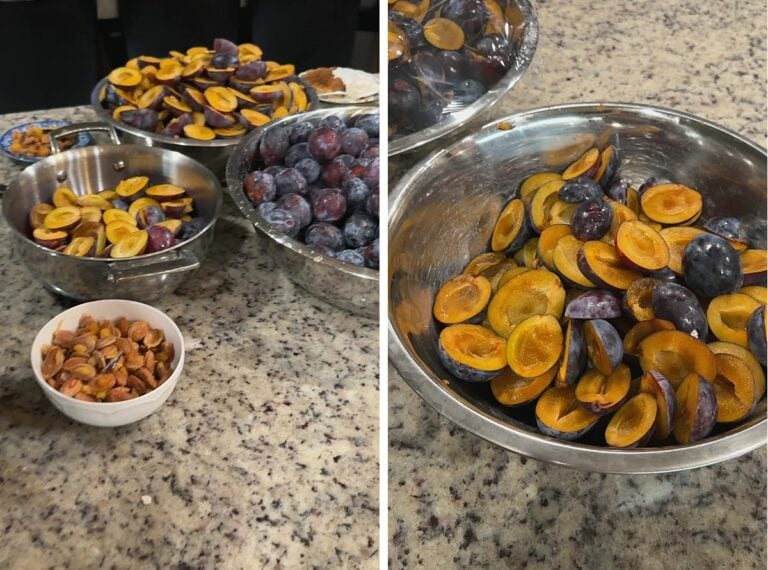 Italian prune plums being halved and pitted: a bowl of whole plums beside bowls of halves and pits, then a bowl of pitted plum halves ready to roast