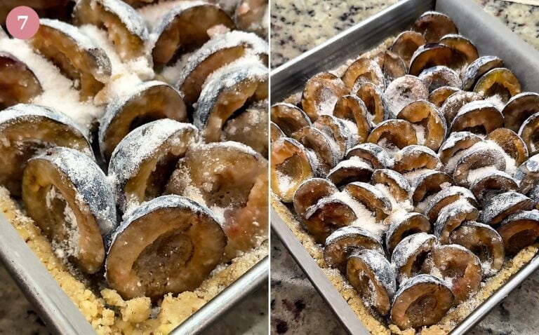 Halved Italian prune plums packed cut side up over the walnut shortbread crust for plum crumble bars