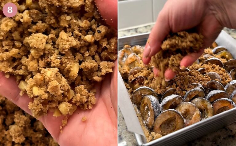 Walnut crumble squeezed into clumps and scattered over the plums for plum crumble bars