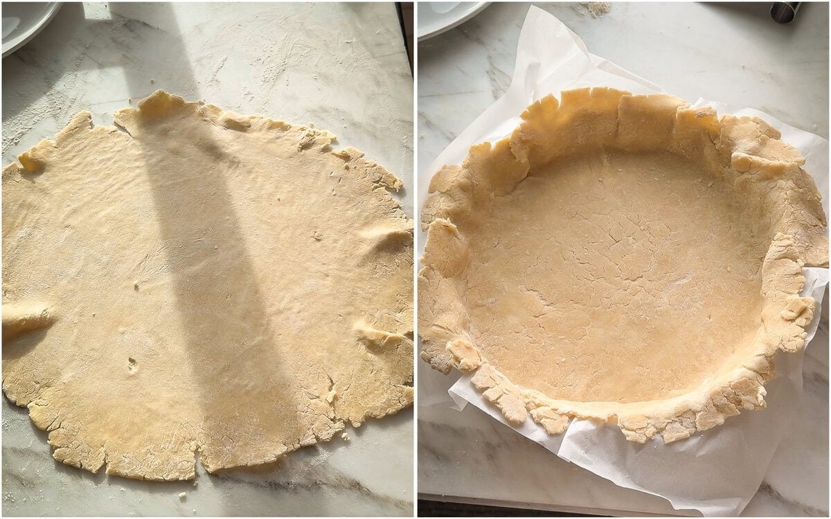 Rolled pie dough, and the same dough settled into a parchment lined pan for a plum galette