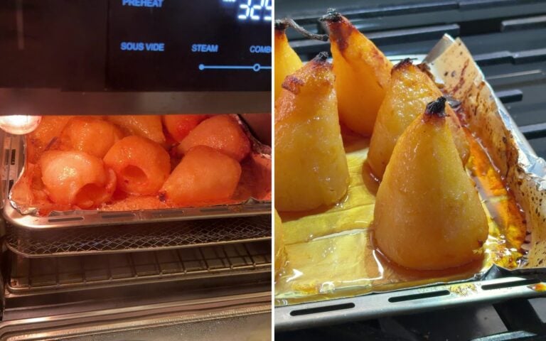 Basting the pears with the pan syrup until deep golden for roasted pear pavlova