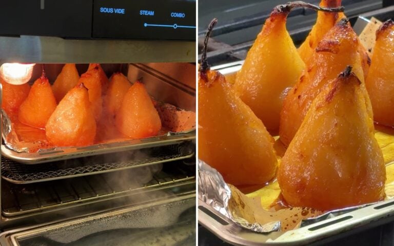 Roasted pears standing upright under the broiler for roasted pear pavlova