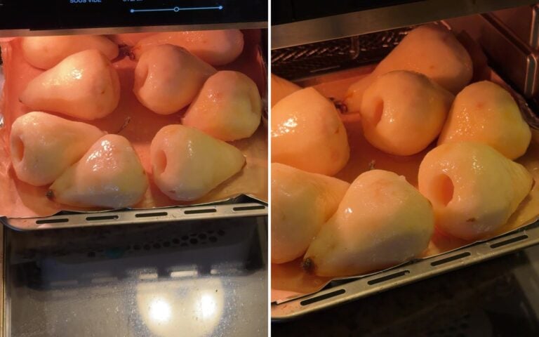Peeled pears sprinkled with sugar roasting at 325F for roasted pear pavlova
