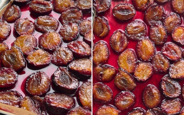 Roasted plums with caramelized tops sitting in their juice for roasted plum pavlova