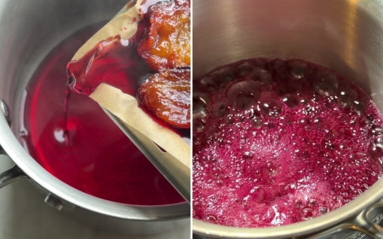 Draining the plum juice off the sheet and reducing it to syrup for roasted plum pavlova