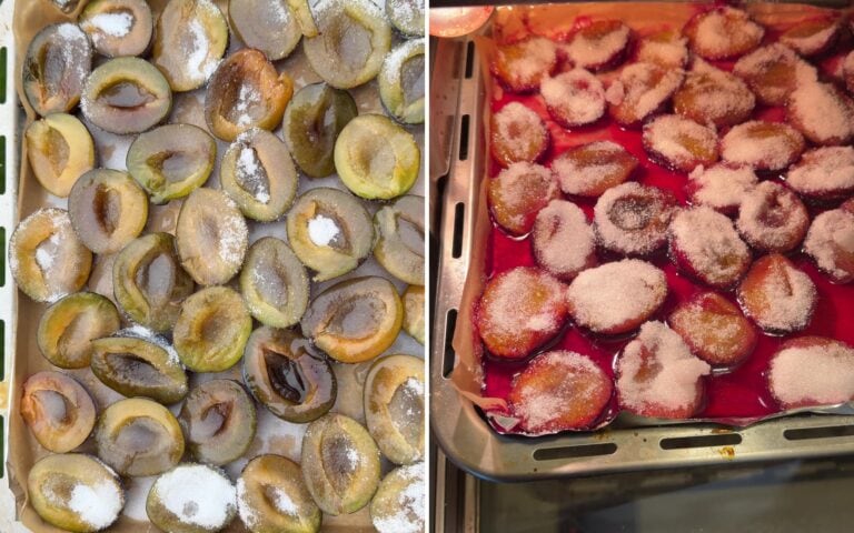 Halved plums cut side up sprinkled with sugar before roasting for roasted plum pavlova