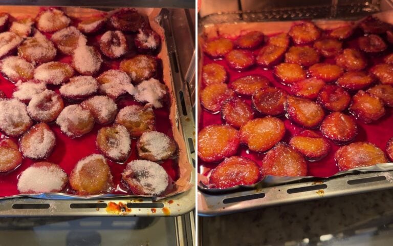 Roasting plums getting a second sprinkle of sugar for roasted plum pavlova