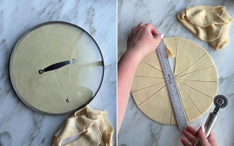 Trimming the rogaliki dough round with a pot lid, then the round cut into 16 wedges with a ruler and pastry wheel