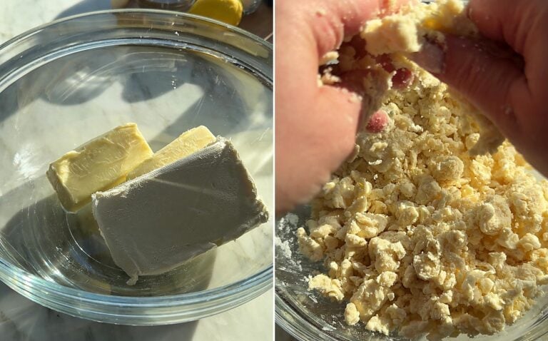 Butter, cream cheese and flour in a bowl, then cut into coarse crumbs with a pastry cutter for rogaliki dough