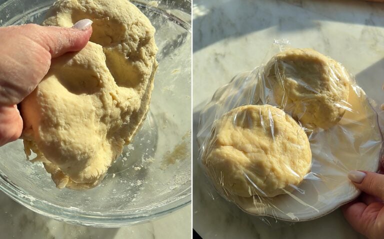 Rogaliki dough pressed into a soft ball, then divided and wrapped in plastic to chill
