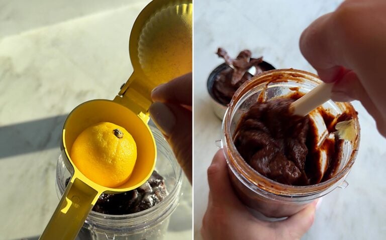 Lemon squeezed over prunes, sugar and water in a blender cup, then the blended plum butter filling for rogaliki