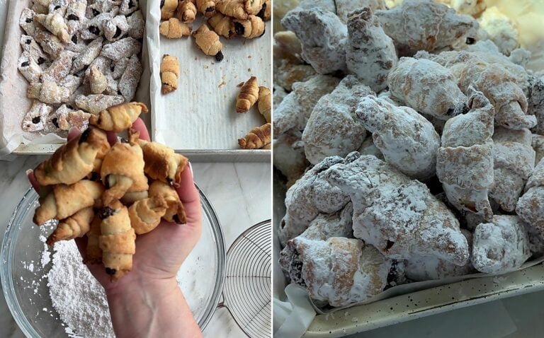 Rolling cooled rogaliki in a bowl of powdered sugar, then the finished sugar-coated rogaliki