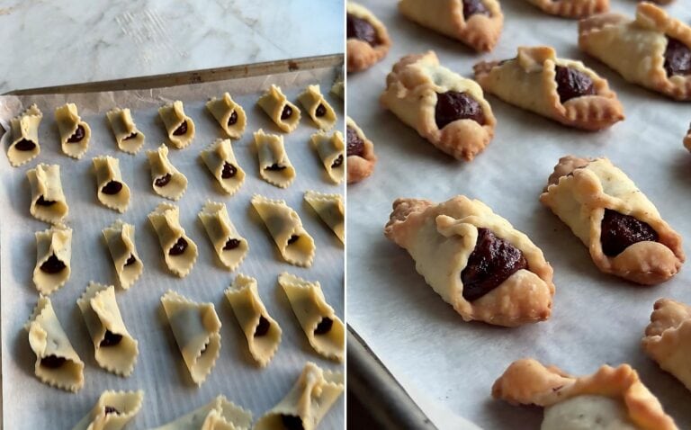 Rogaliki squares on the baking sheet before baking, then the same squares baked with pale tops and golden edges