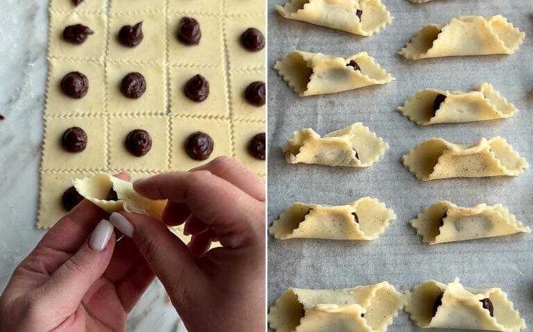 Pinching two opposite corners of a rogaliki square over the plum butter, then the pinched squares on a baking sheet