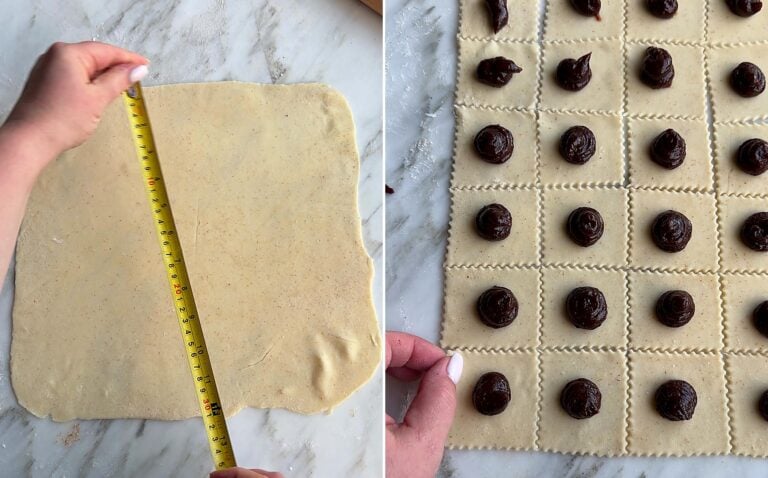 Rogaliki dough rolled into a rectangle and measured, then cut into squares with plum butter piped on each